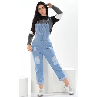 Jardineira Feminina Macacão Jeans Com Botão Forrado Jardineira Jeans Botao Ferro