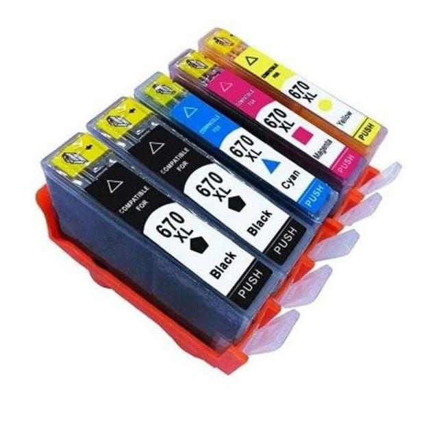 Kit 5Cartuchos Compatível HP 670XL  Cores Preto 22ml Ciano Magenta e Amarelo 14ml Impressões Nítidas