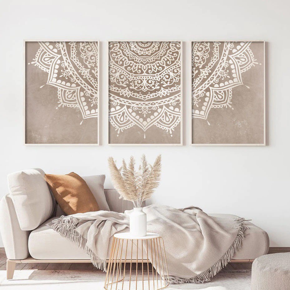 Quadro decorativo 3 peças 40x60 mandala bege simples delicado moderno sofisticado para sala quarto em Oferta na Shopee