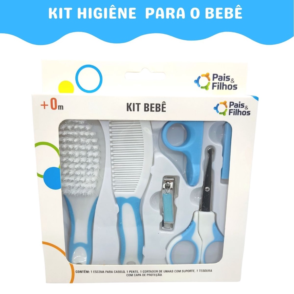 Kit cuidados e higiene do Bebê - cortador de unha, pente, escova para bebe - AZUL - Pais e Filhos
