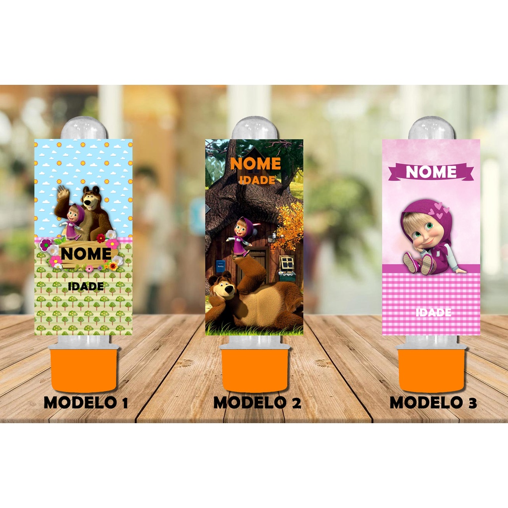 36 Adesivos Etiqueta para Tubete 8x4 cm Masha e o Urso Personalizado com Nome e Idade com Recorte Especial