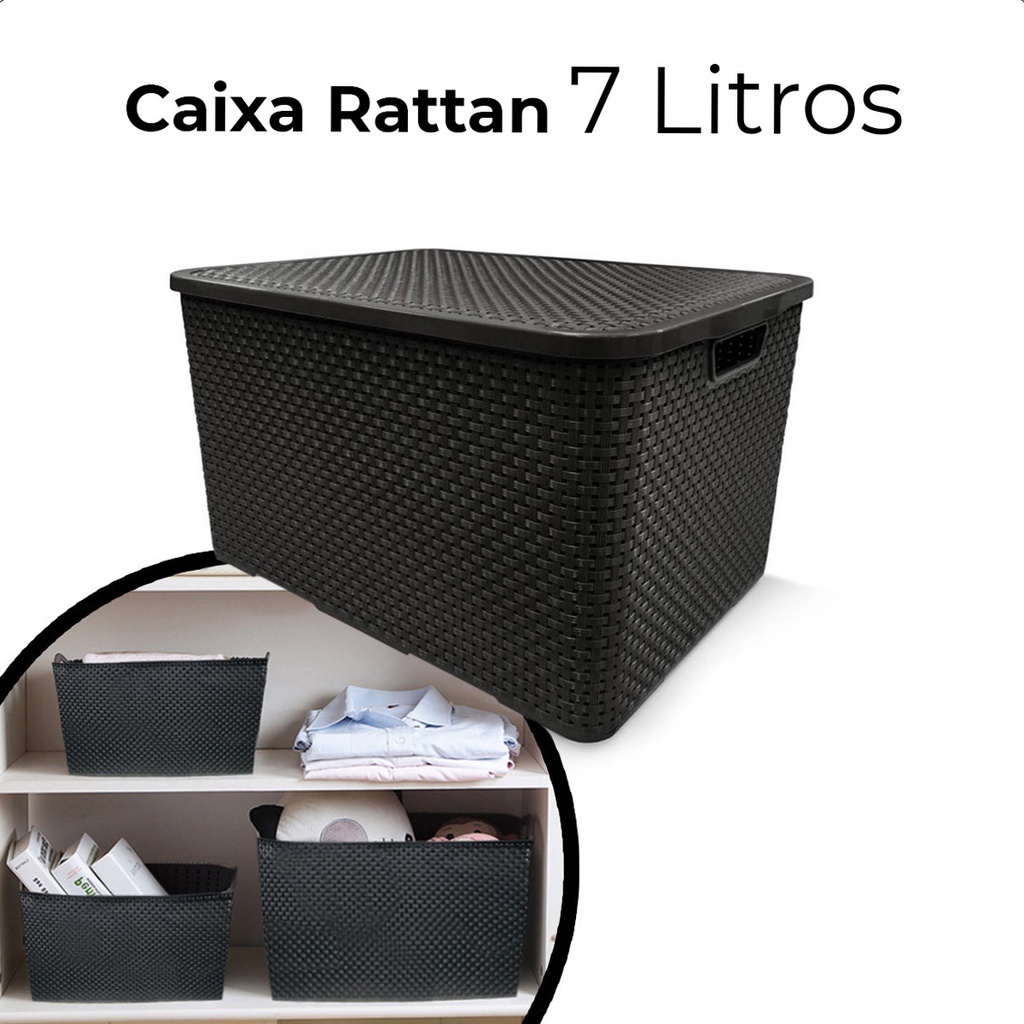 Caixa Organizadora com Tampa Rattan Preta - 15 Litros