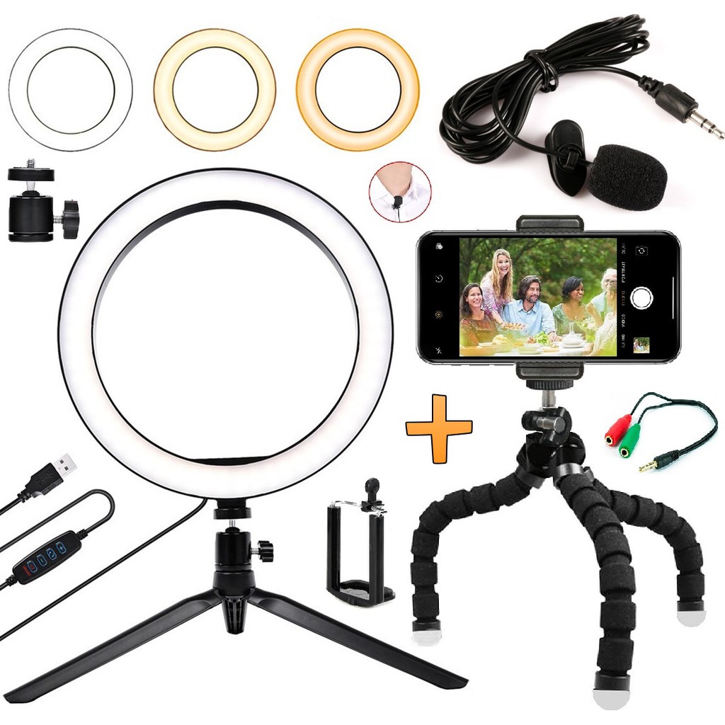 Kit Youtuber Microfone de Lapela Para Celular Smartphone Universal Iphone Android Tripé Luz Led Iluminador Ring Light Anel Gravação de Vídeo Entrevistas Vlog
