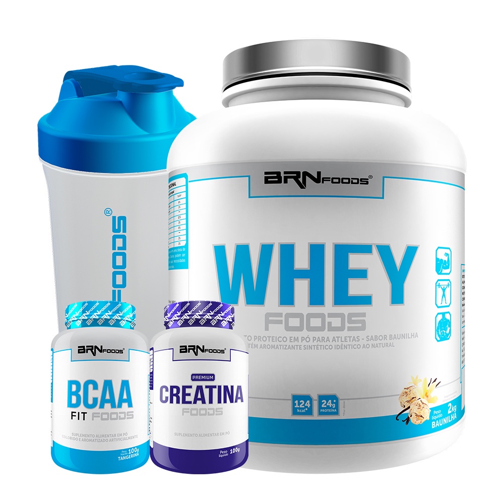 KIT Whey Protein Foods 2kg, PREMIUM Creatina 100g, BCAA Fit 100g