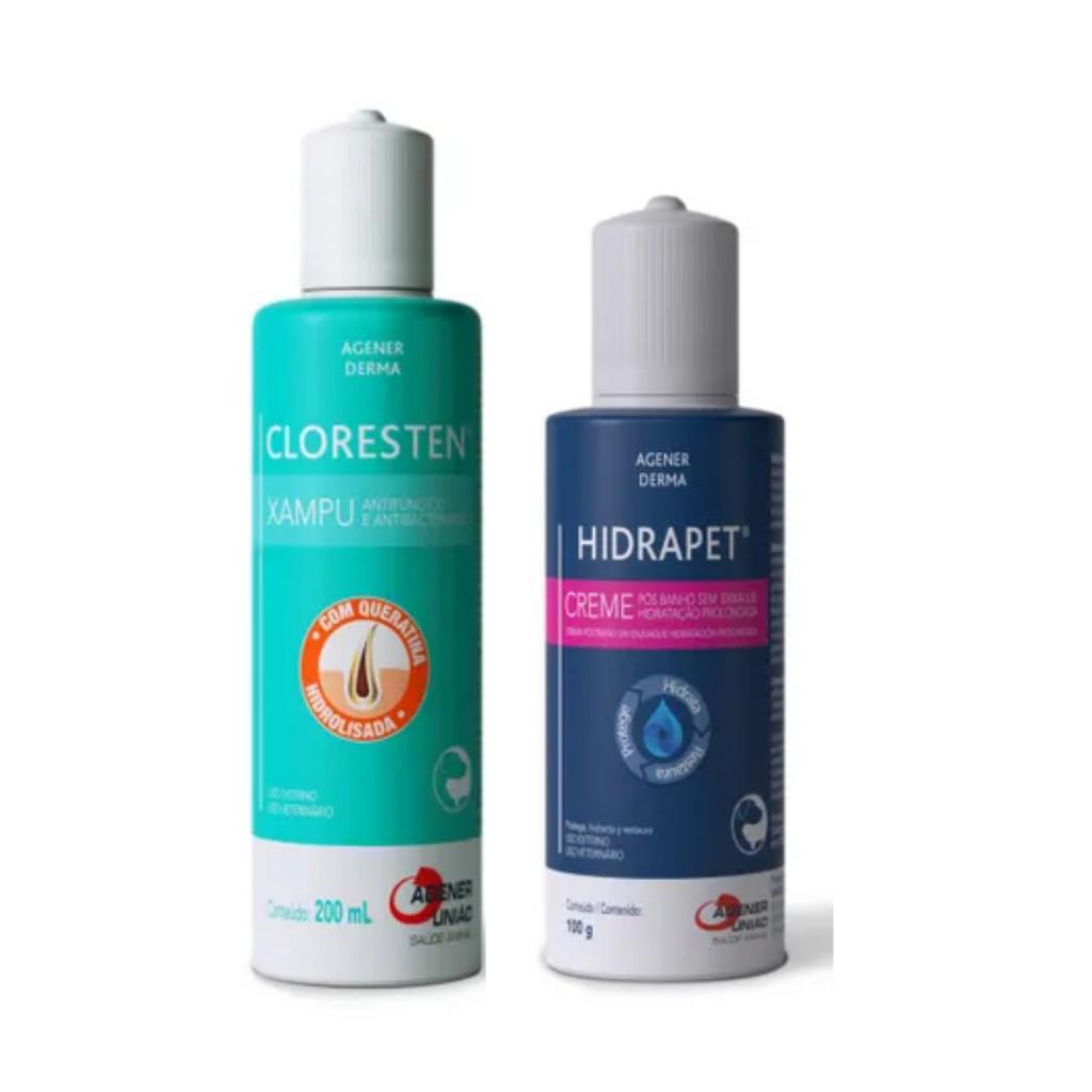 1 Shampoo Cloresten 200ml + 1 Creme Hidrapet 100g Cães e Gatos Problema de pele - Pets