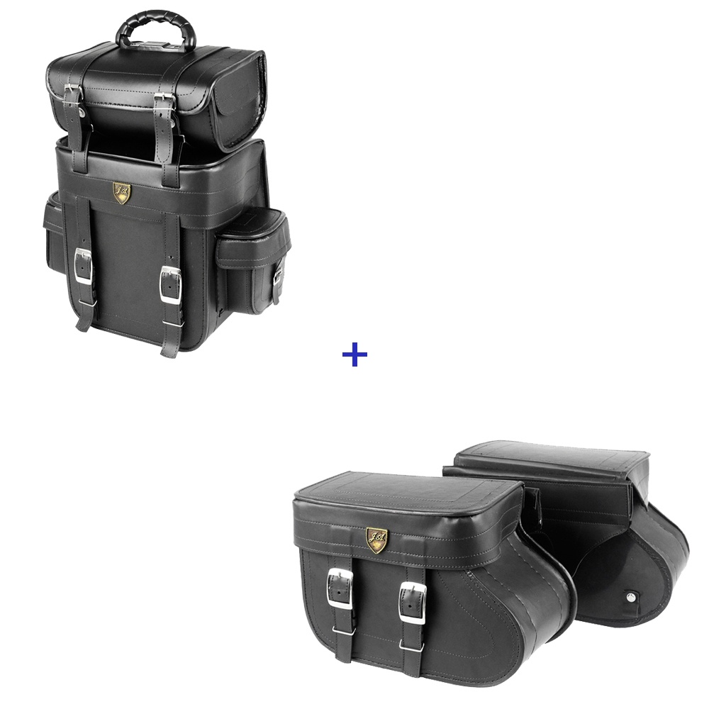 Kit Viagem Alforge Traseiro 25 Litros em Couro Sintético Liso + Alforge Lateral Botinha 18 Litros Couro Sintético Liso