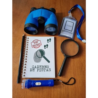 Kit Detetives Binóculo Lupa Lanterna, Crachá e Caderno