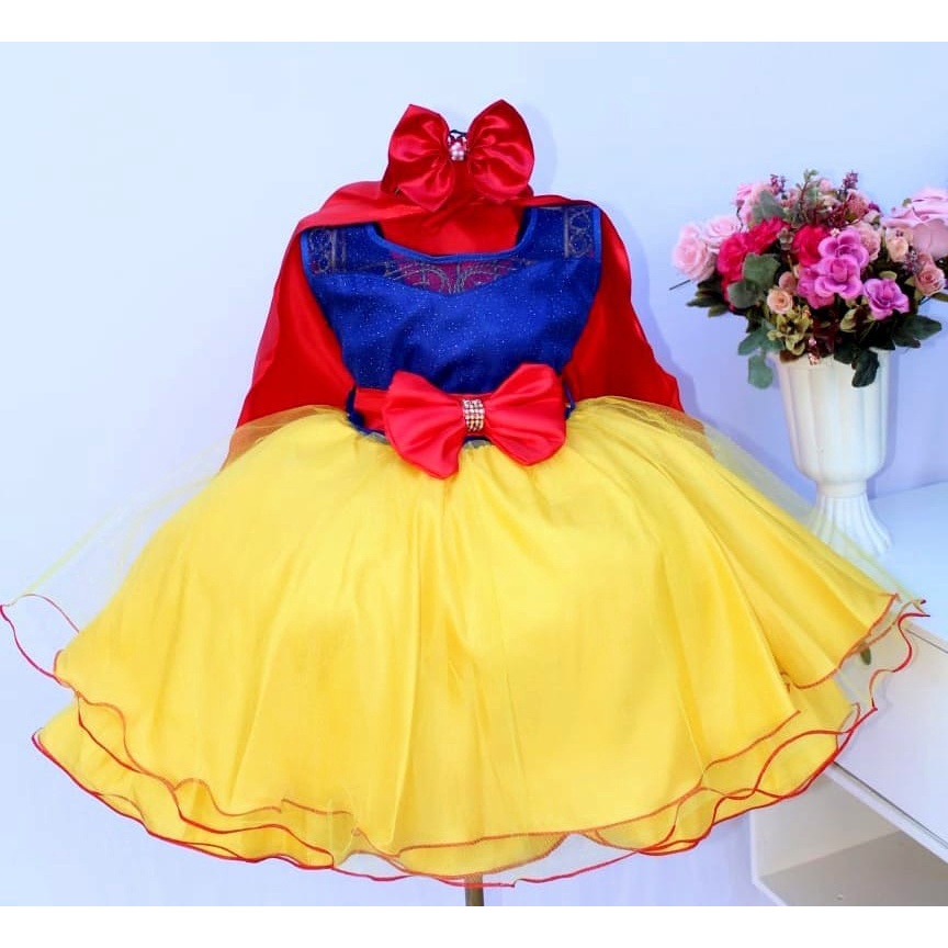 Vestido Branca De Neve Festa 1 Ao 4  Tiara E Capa Promoção em Oferta na Shopee