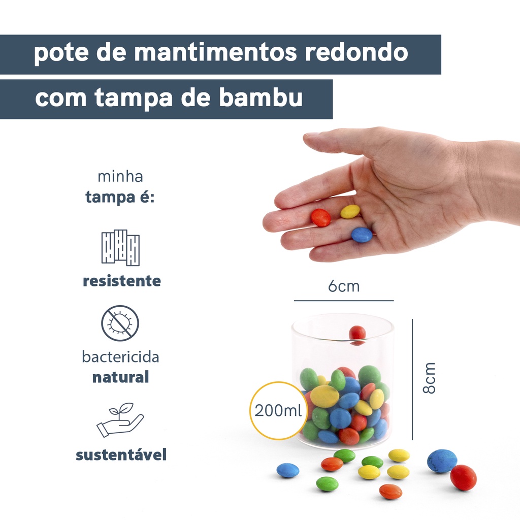 Detalhes do Pote De Vidro De Mantimentos 200ml C/ Tampa De Bambu Oikos