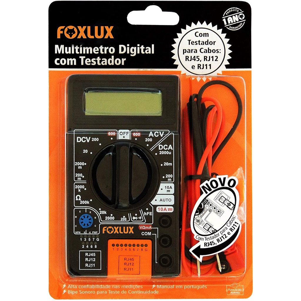 Multímetro Digital com Testador Foxlux – Com Ponta de Prova – ACV + DCV – Testes de Diodo e Transistor HFE – Teste de continuidade com bipe - Com testador para cabos Rj45, Rj12 e Rj11