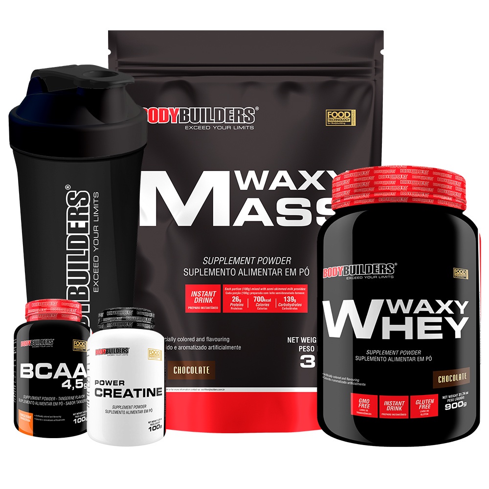 Kit Hipercalórico Waxy Mass 3kg + Whey Protein Waxy Whey 900g + Power Creatina 100g + BCAA 100g + Coqueteleira - Bodybuilders Aumento de massa e força