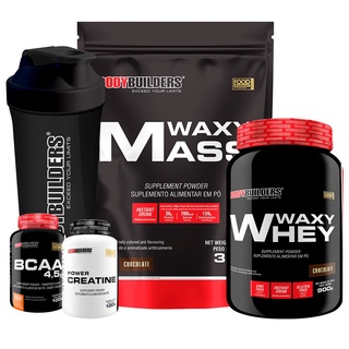 Kit Hipercalórico Waxy Mass 3kg + Whey Protein Waxy Whey 900g + Power Creatina 100g + BCAA 100g + Coqueteleira - Bodybuilders Aumento de massa e força
