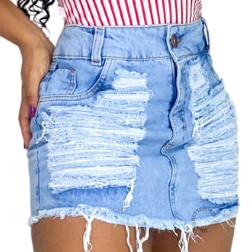 Saia Jeans Luxo Feminina Cintura Alta Destroyed Hot Pant