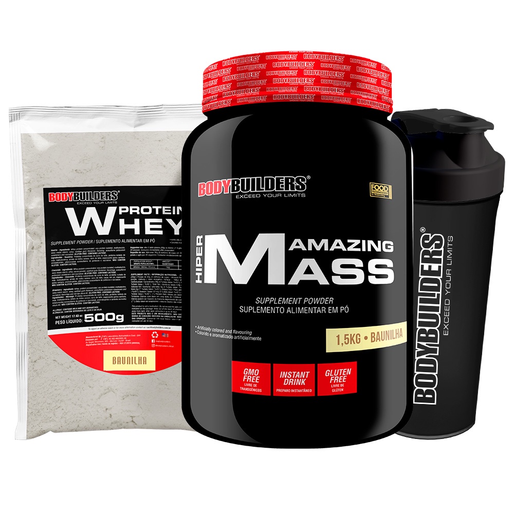 Kit Hipercalórico Amazing Mass 1.5kg + Whey Protein Concentrado em Blend Proteico Refil 500g + Coqueteleira - Bodybuilders