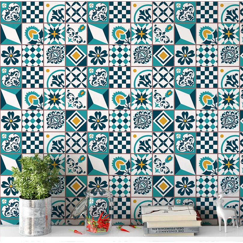 Papel de Parede Azulejo Lavável Português em Tons de Verde - Home & Living