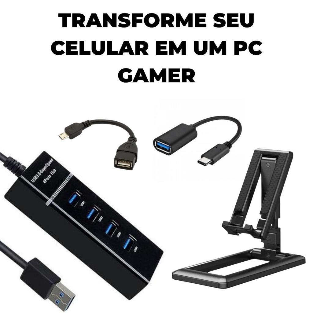 Transforme seu celular Kit Mobilador Para Celular Bom Hub 3.0 4 Portas + Cabo Otg V8 Ou Tipo C + Suporte/ Tripé ajustável para celular Barato para Teclado e mouse