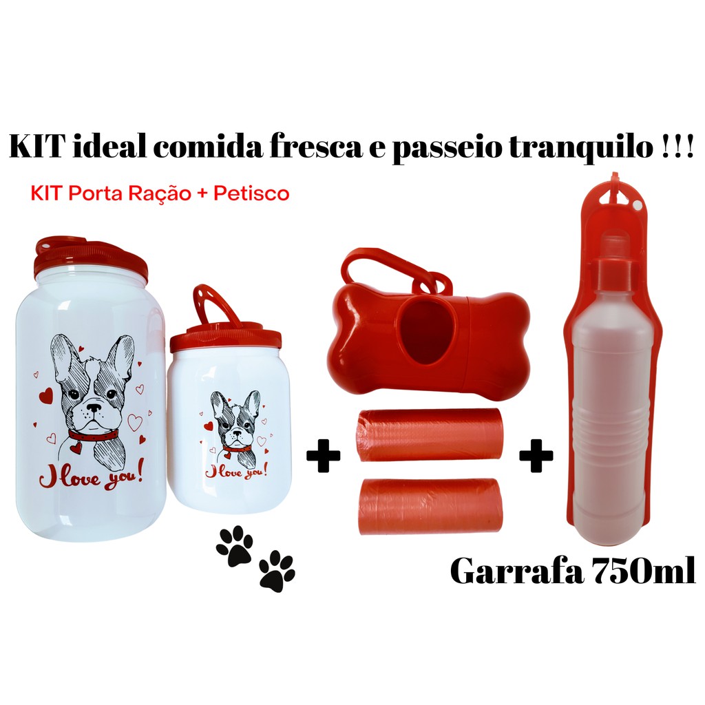 KIT Potes Porta Ração 3.6 + Porta Petisco 1.7 Branco + Garrafa de Agua 750ml – Coletor Cata - Caca, para seu cachorro - cães - Para Armazenar Ração do seu PET, deixe seus cachorros e cães com este acessorio essencial para seu animal, filhote, filhotes TOP