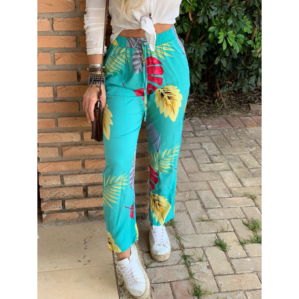 Calça de Viscose/calça feminina estampada com Bolso/Folhas/ Moda Praia  2993