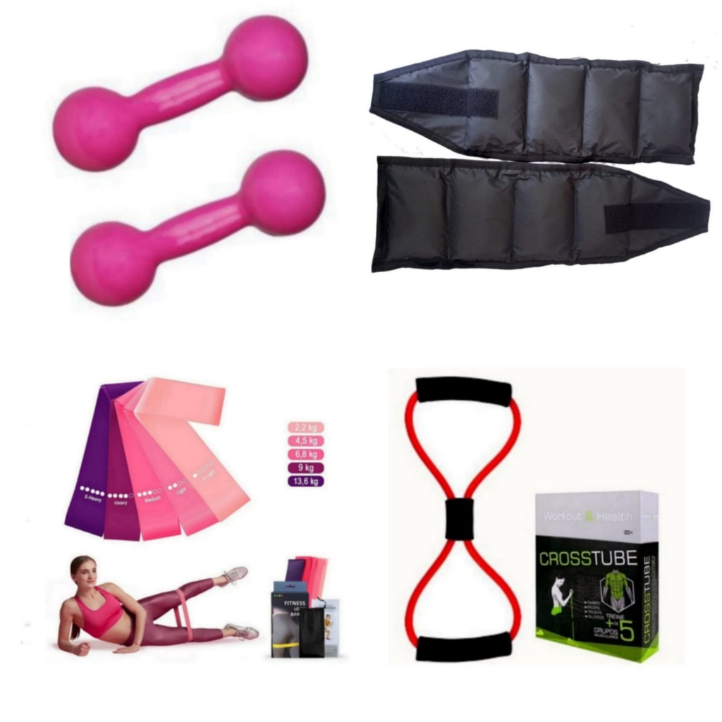 Kit Fisioterapia Treino Funcional Par Halter 1Kg Rosa +Par Caneleira (Meio Kg) + Kit Theraband + Elástico Multifuncional