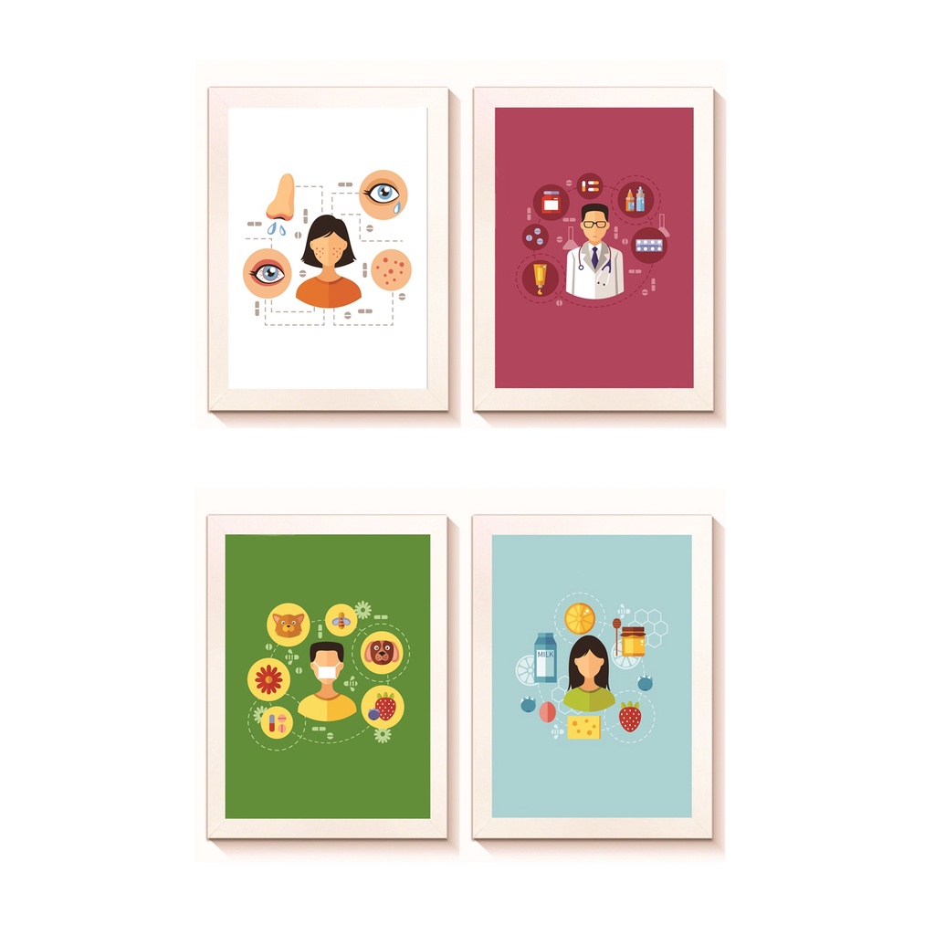 Kit 4 Quadros Decorativos Alergias Dermatologia Pneumologia Medicina Molduras 20x30cm Madeira