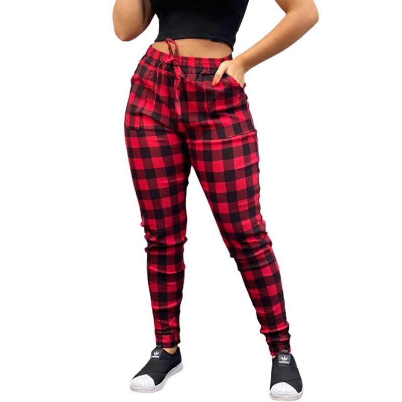 Calça Xadrez Bengaline Feminina Bomber Jogger Vermelha