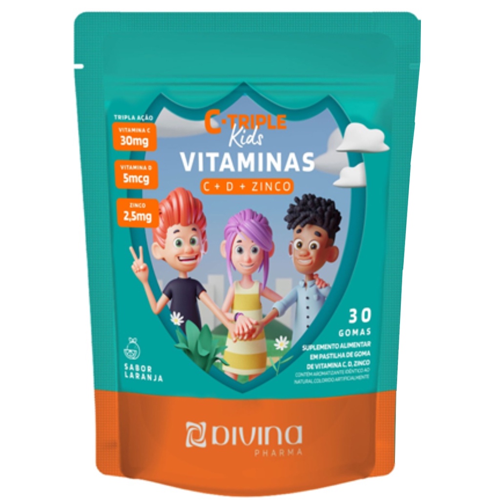 C-TRIPLE KIDS VITAMINAS C + D + ZINCO 30 GOMAS SABOR LARANJA – DIVINA PHARMA