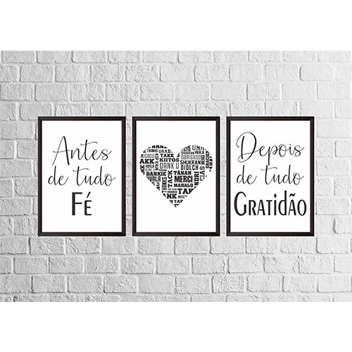 Kit Quadros Decorativos Moisaco 3 Peças Trio Frase Antes De Tudo fé Gratidão Coração Salmo Oração Religioso Minimalista Flor Vintage