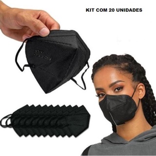 Kit com 20 Máscara KN95 N95 Preta de Proteção Facial FFP2 com 5 Camadas e Clip Nasal PRETA