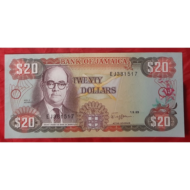 Cédula da Jamaica 20 Dollars / Caribe / Antilhas / Índias Ocidentais / twenty dolar FE 1989 / Rainha Elizabeth