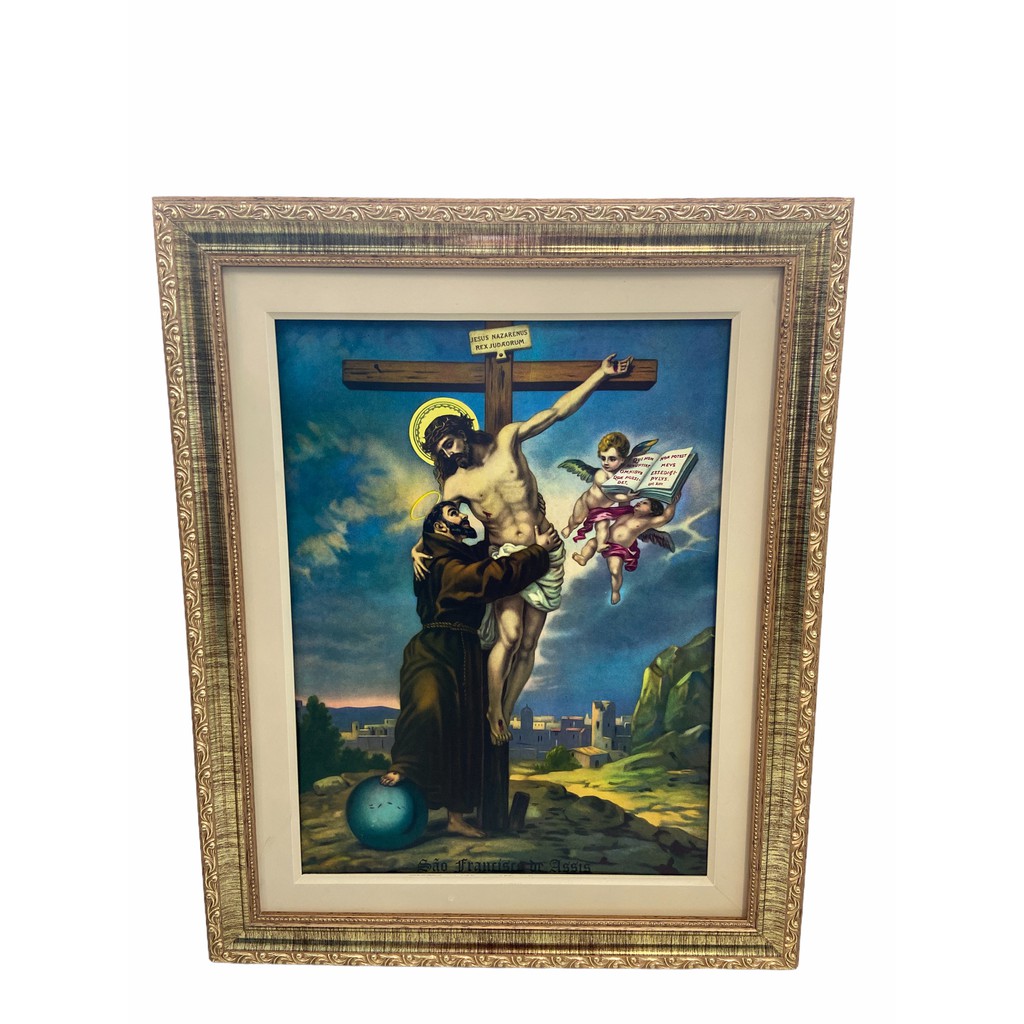 Quadro São Francisco de Assis ao pés da cruz 42x52cm. Estampa resinada, moldura luxo de madeira.