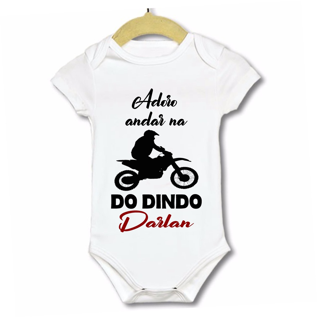 Roupinha Body infantil bebê Adoro andar na Moto do dindo, com o nome do dindo