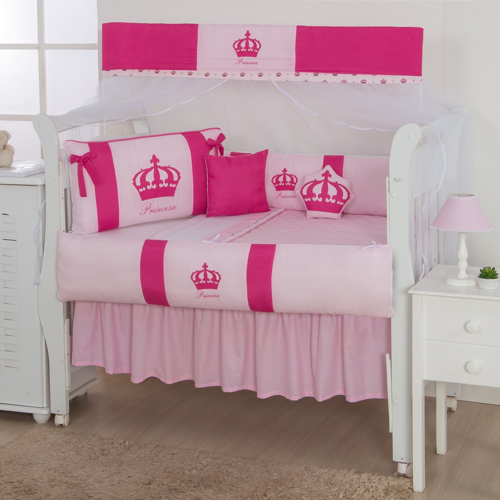 Kit Protetor Berço Princesa Imperial Rosa Menina Bebê Com Saia