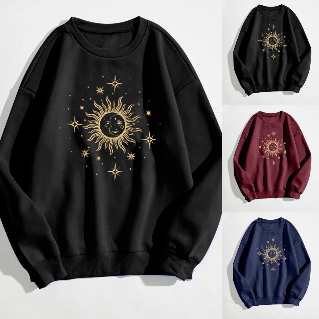 Moletom Feminino Tamanho Grande Estampa Solar Vintage Outono Manga Longa Casual Tops Roupa De Rua Adolescentes Pulôver