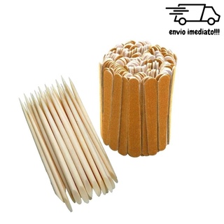 Kit 100 Mini Lixas de Unha + 100 Palitos Manicure Unhas