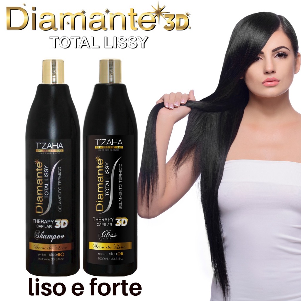 kit escova progressiva cabelo 100% liso definitivo tzaha diamante 3d 2x1litro