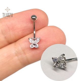 Piercing Umbigo Aço Folheado Ródio Borboleta Com Zircônia