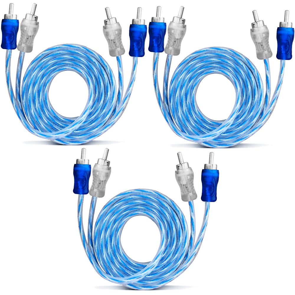 Kit 3 Cabo RCA 1 Metro Dupla Blindagem Injetado 4mm Azul - Audio