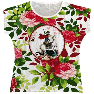 Blusa São Jorge Bata Rainha do Brasil Folhas Verdes e Flores Vermelhas em Oferta na Shopee