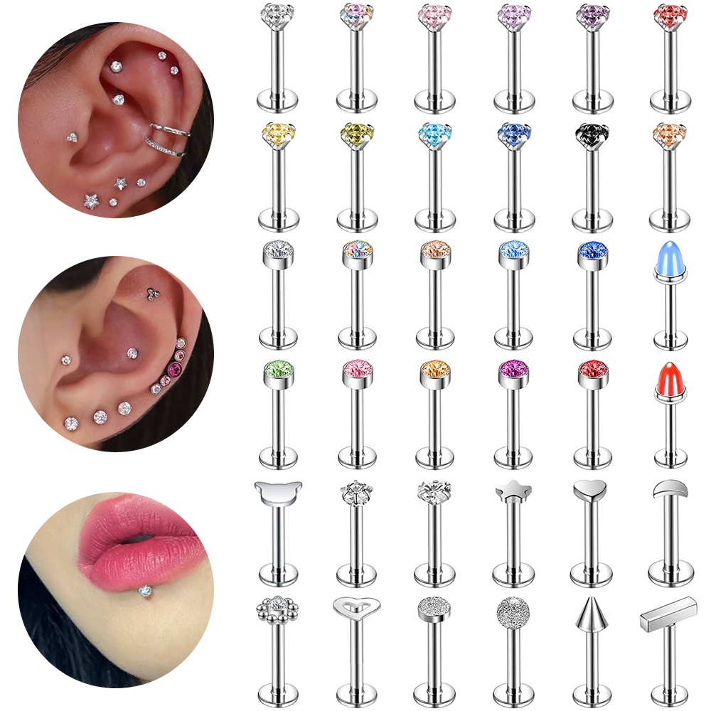 10-30 Pçs/Lote Labret De Aço Inoxidável Piercing Cor Cristal Lábio Studs Cartilagem Tragus Brincos Acrílico Helix Pierci em Oferta na Shopee