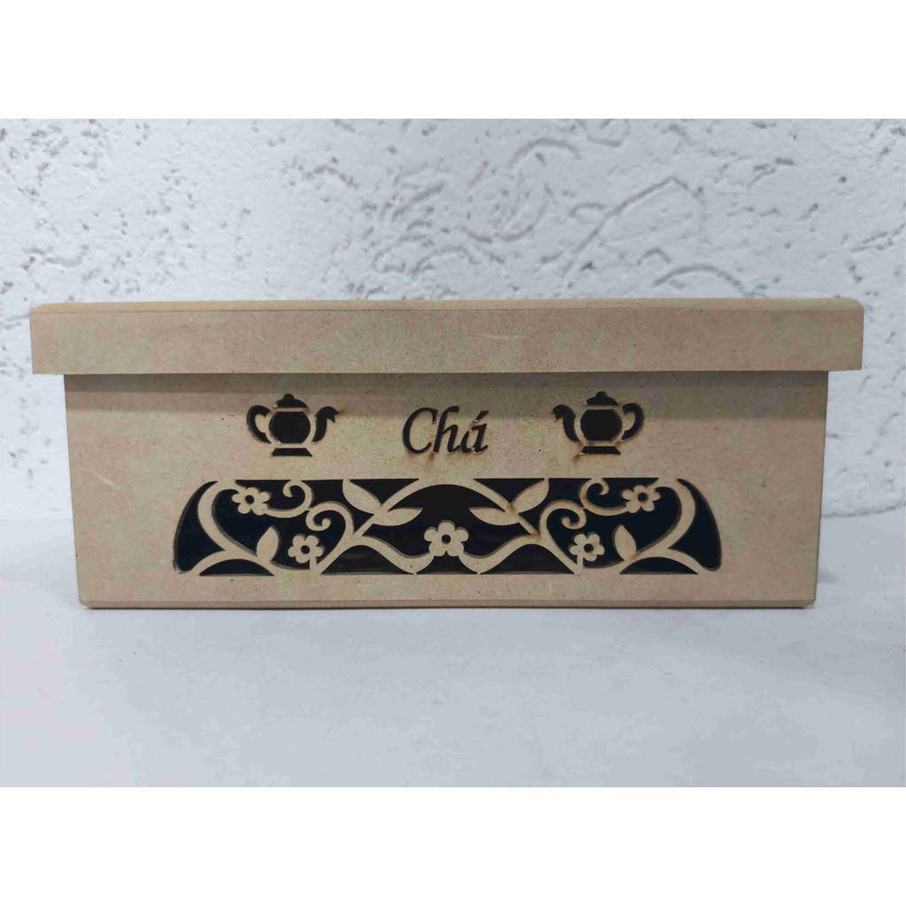 Caixa de Chá Vazada com Chaleira de MDF Madeira Crua - Tamanho: 21 x 10 x 8 cm