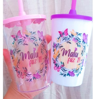 KIT com 5 copos de acrílico 480ml personalizado com tampa e canudo em Oferta na Shopee