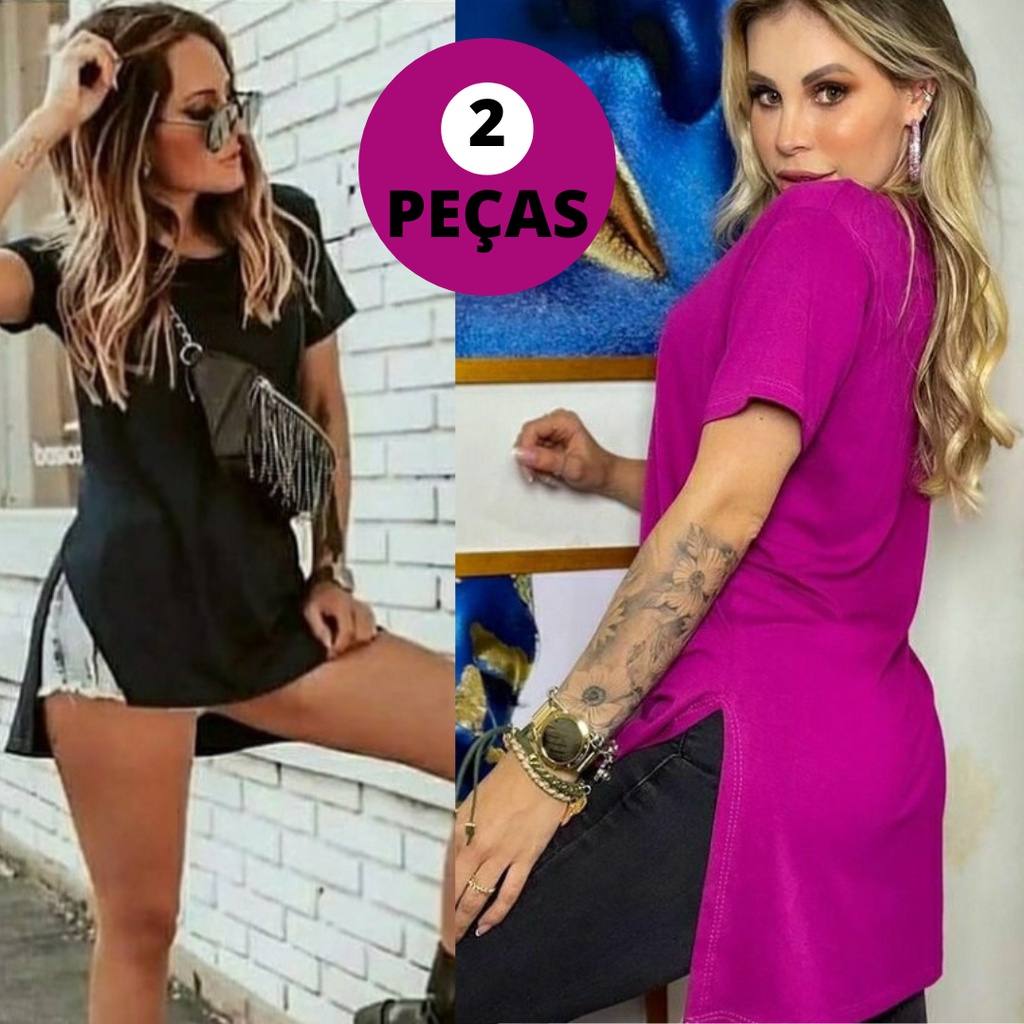 kit 2 Blusa Feminina Long Line Academia Mullet Viscolycra Tapa Bumbum Mullet Cores Diversas.