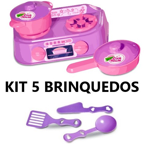 Brinquedo Cozinha Infantil 5 Brinquedos Panela Criativa Kit Cozinha Faz de Conta Panelinhas Rosa e Roxo com Fogão botão que gira e faz Rec Rec