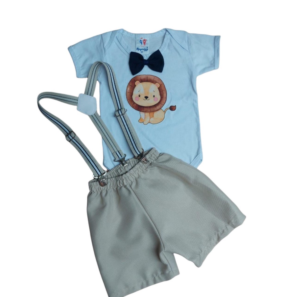 Conjunto Aniversário Safari Roupa Festa Infantil Bebê Menino Body + Suspensório + Shorts