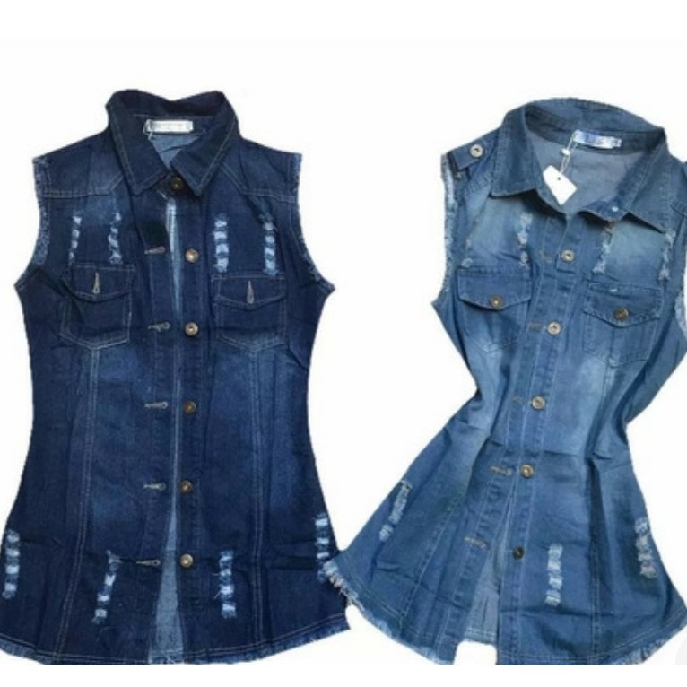 colete jeans comprido feminino