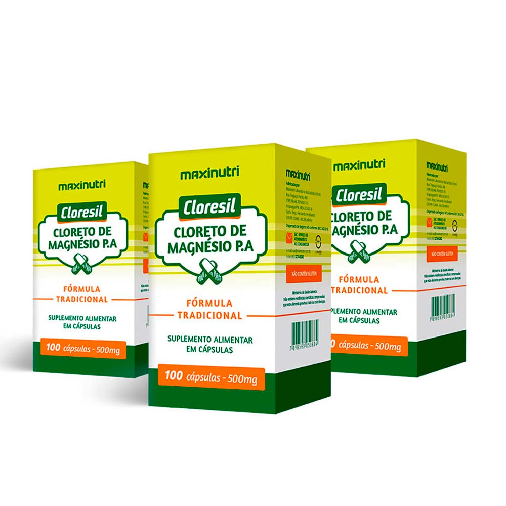 Kit 3 Cloresil Cloreto Magnésio 500mg 100 Capsulas Maxinutri