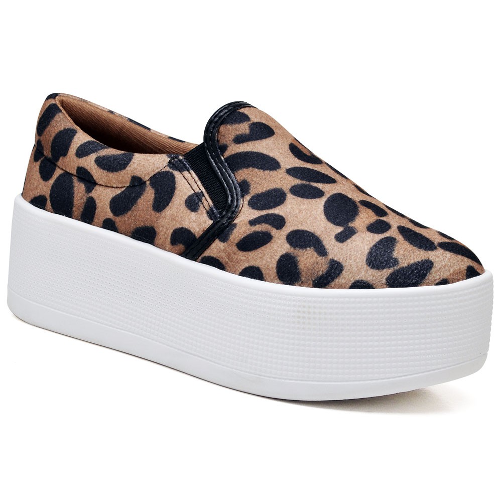 Tênis Feminino Tenehi Slip On Plataforma Animal Print Onça Sola Alta