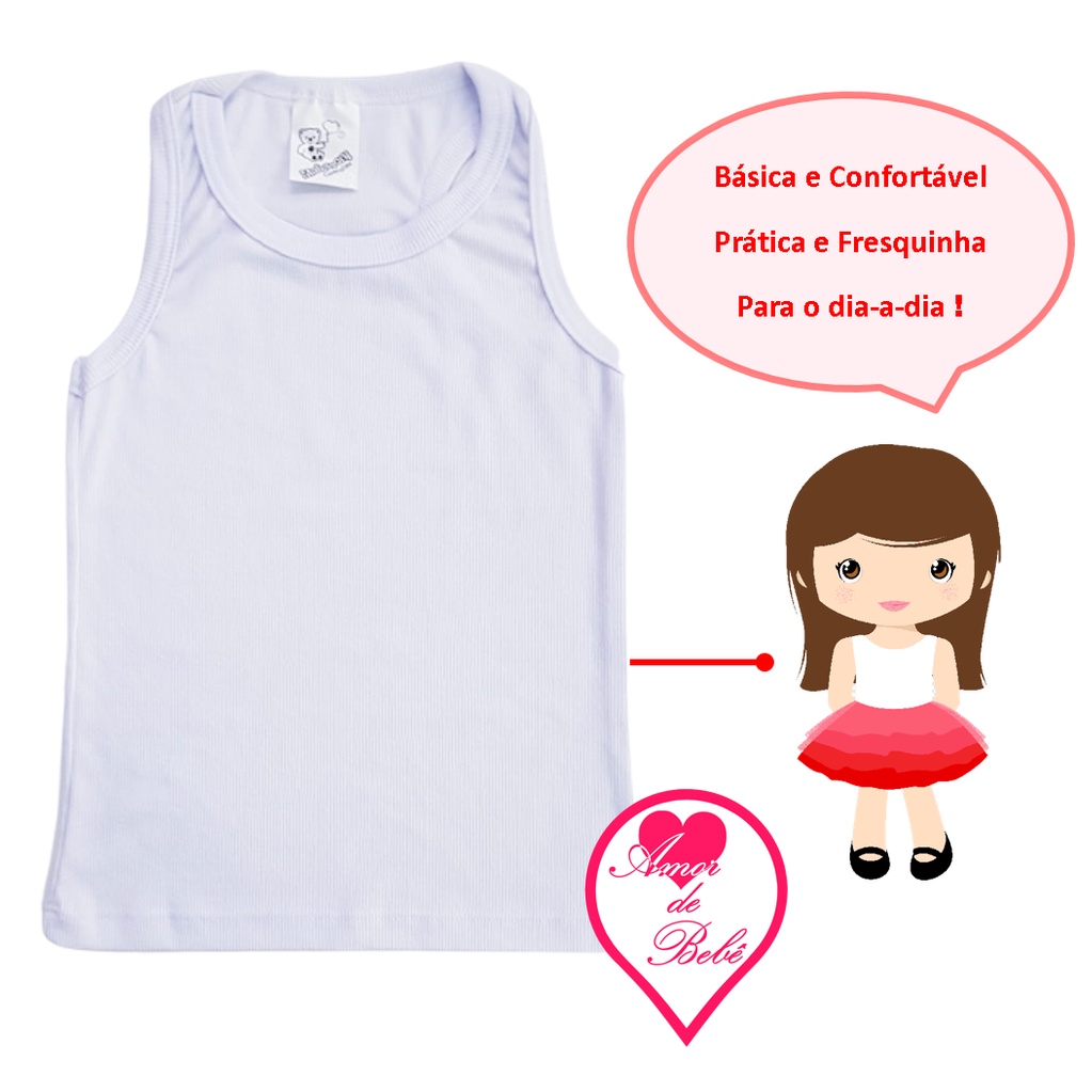Blusinha Regata Bebê Menina Infantil – Sem Manga, Malha Canelada – Tamanho 2 a 6
