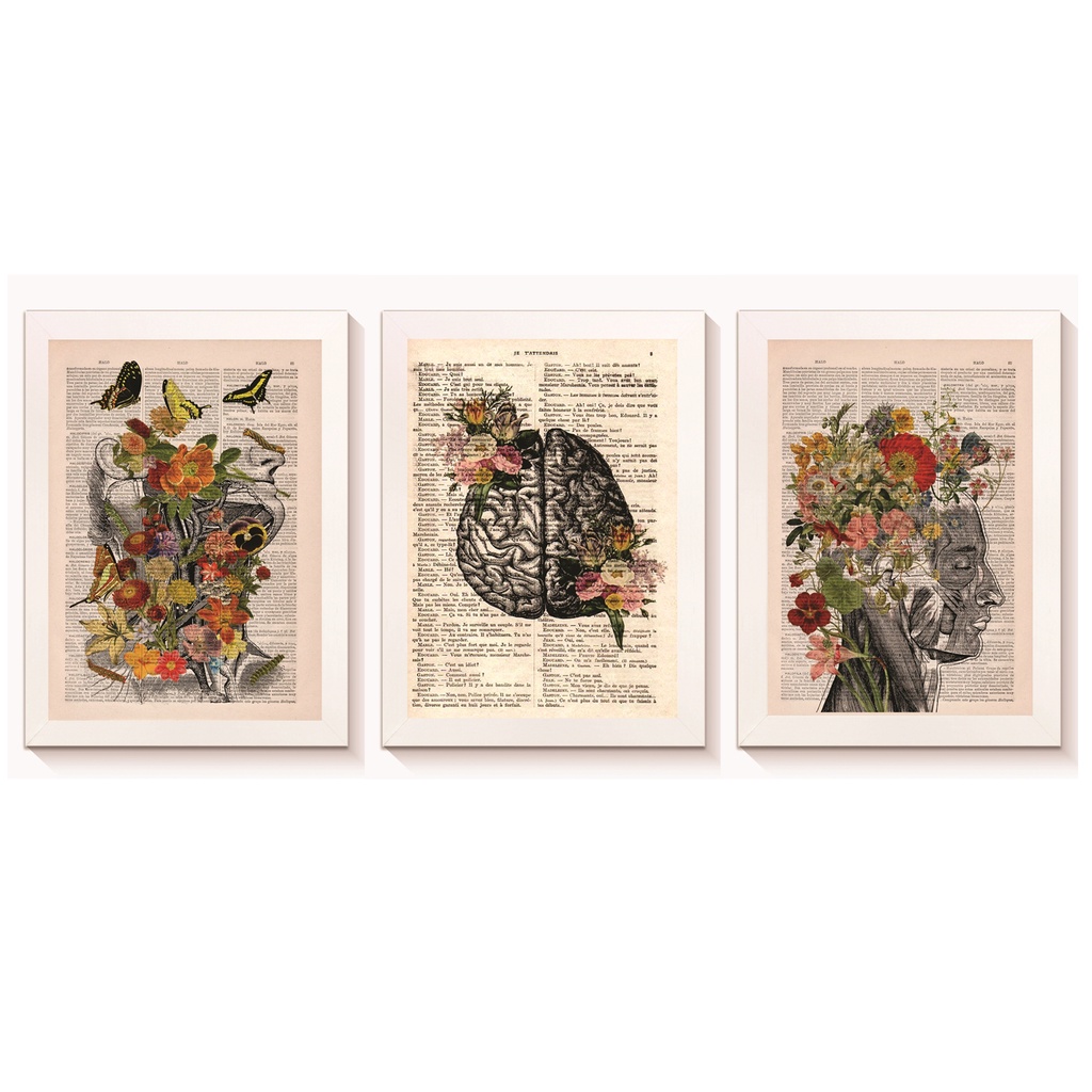 kit 3 Quadros Decorativos Pescoço Cérebro Rosto Floridos Decoração Consultório Médico Molduras 20x30cm Madeira