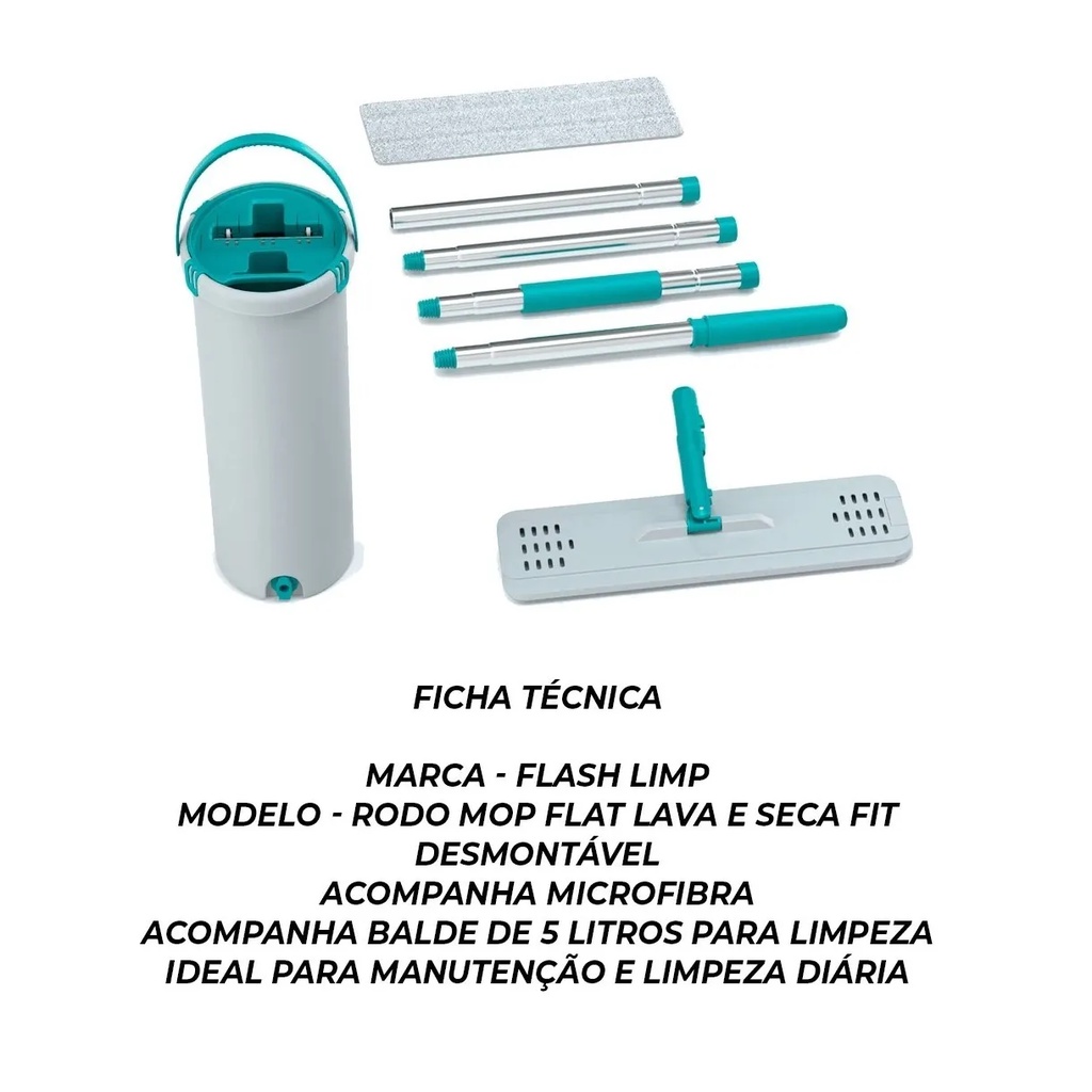 Rodo Mop Lava E Seca Flat Flash Limp + Balde + Microfibra
